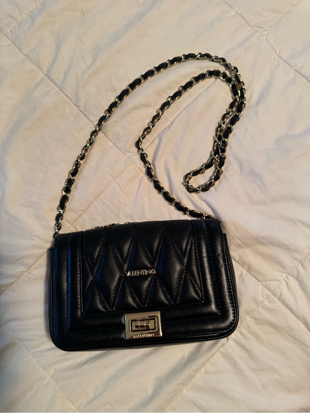 Valentino Black Quilted Leather Crossbody with Gold Chain